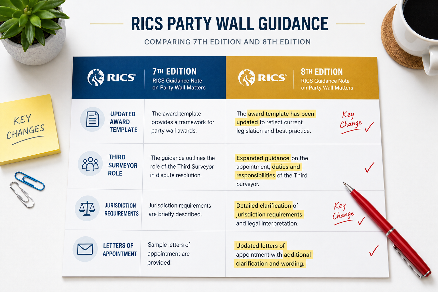 Flat-lay infographic style image showing a comparison table between RICS 7th Edition and 8th Edition Party Wall guidance