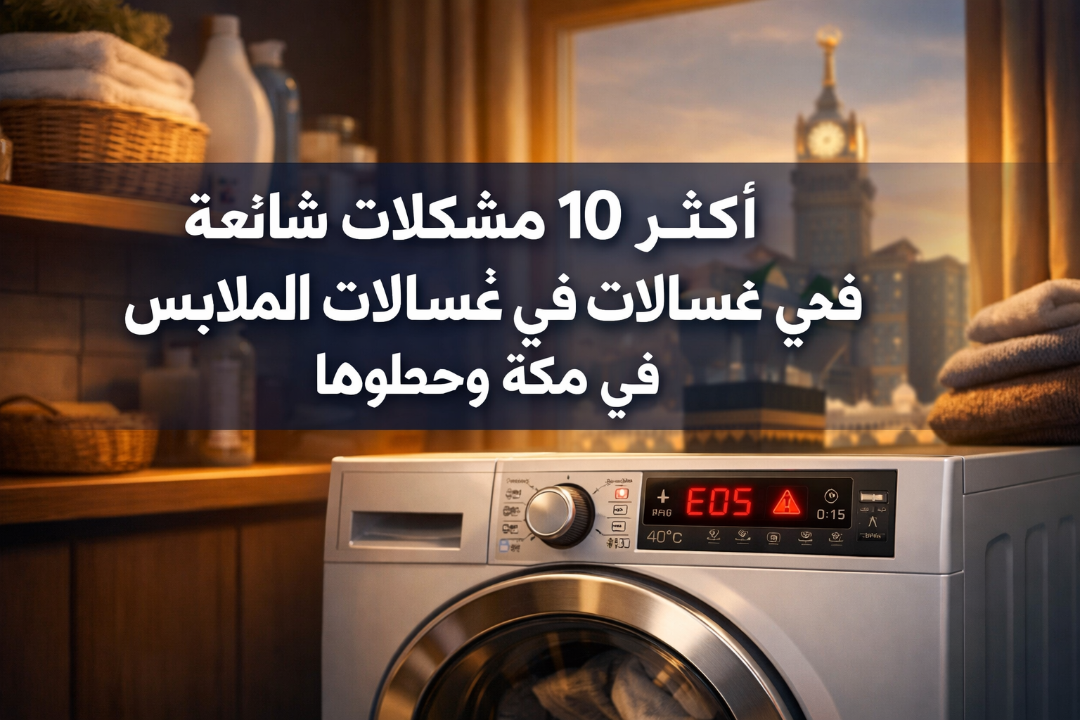 Professional () hero image with Arabic : 'أكثر 10 مشكلات شائعة في غسالات الملابس في مكة وحلولها' in extra large white with