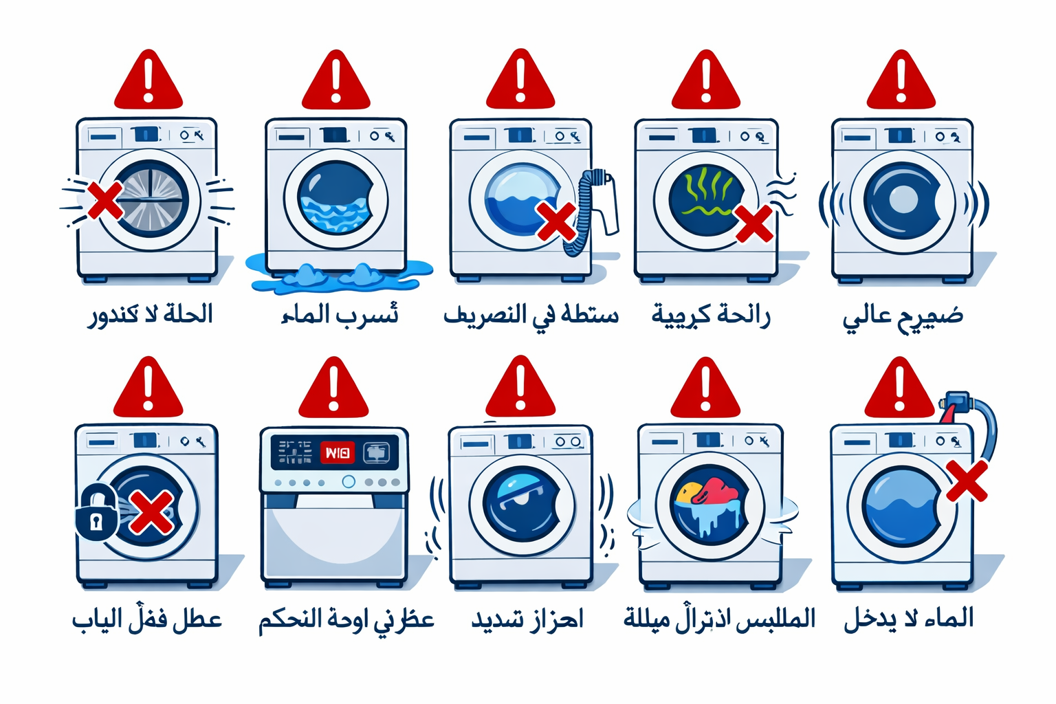 () detailed infographic-style illustration showing 10 numbered washing machine problems as Arabic-labeled icons arranged in