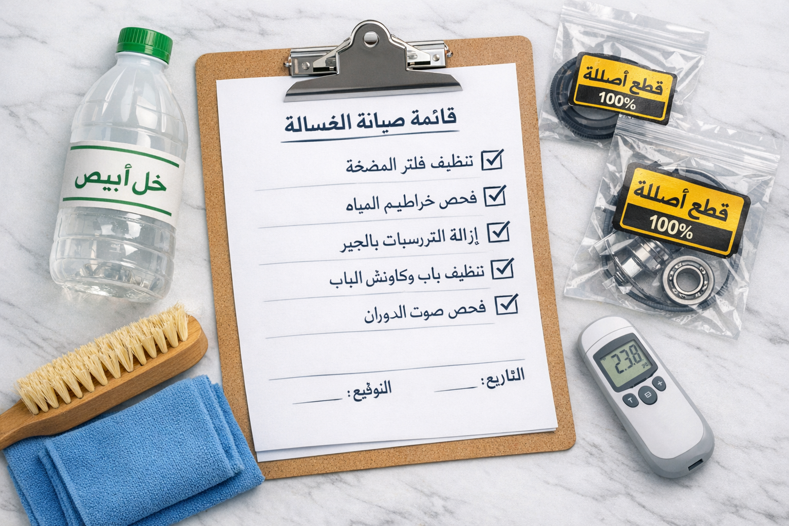 () showing a close-up overhead view of a washing machine maintenance checklist written in Arabic on a clipboard, placed next