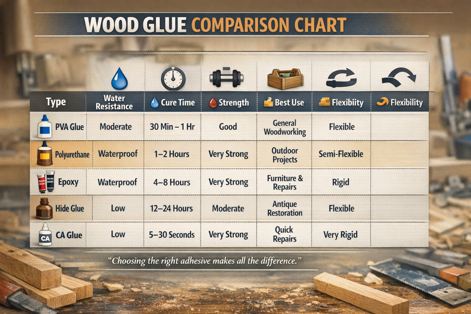 Detailed () image showing a side-by-side comparison chart of different wood glues (PVA, Polyurethane, Epoxy, Hide Glue, CA