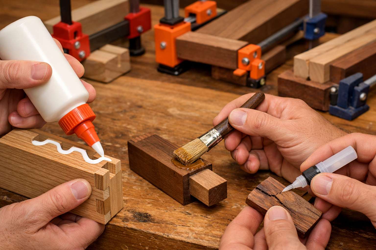 () image demonstrating various application techniques for wood glue. The foreground features hands applying different glues:
