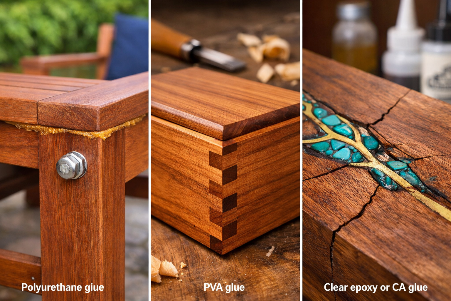 Vibrant () image showcasing diverse woodworking projects that exemplify specific glue choices. One section features a robust