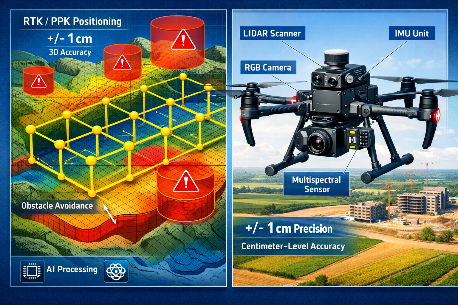 Detailed landscape format (1536x1024) illustration showing autonomous drone flight path technology with split-screen composition. Left side 