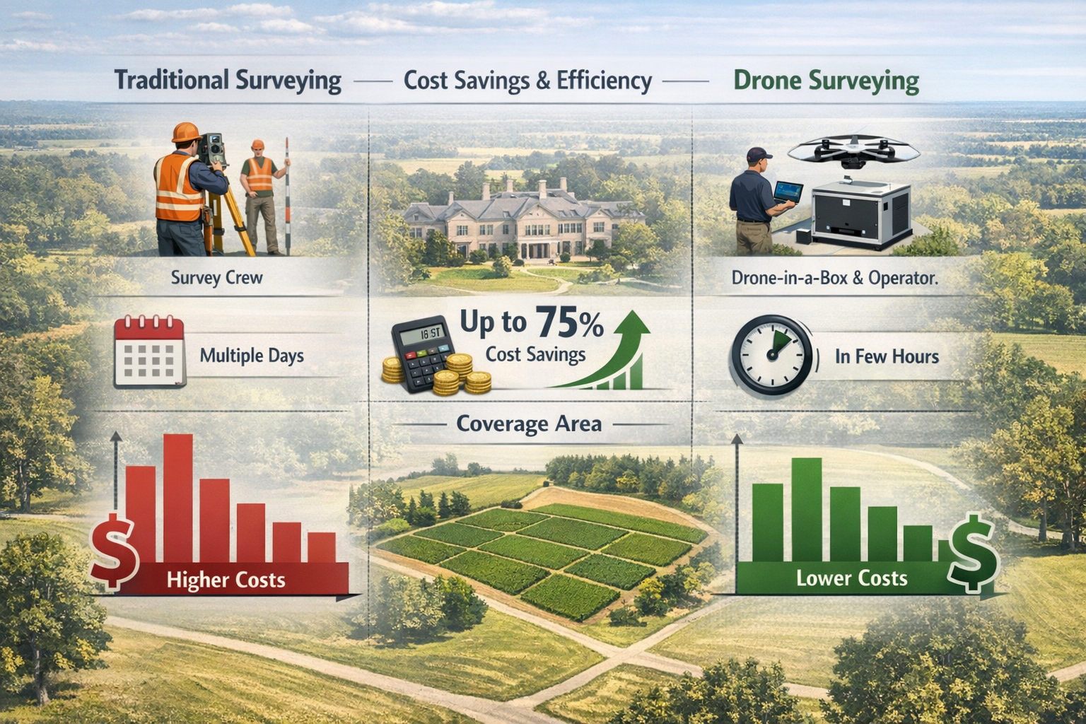 Detailed landscape format (1536x1024) comparative cost analysis infographic showing traditional surveying methods versus autonomous drone su