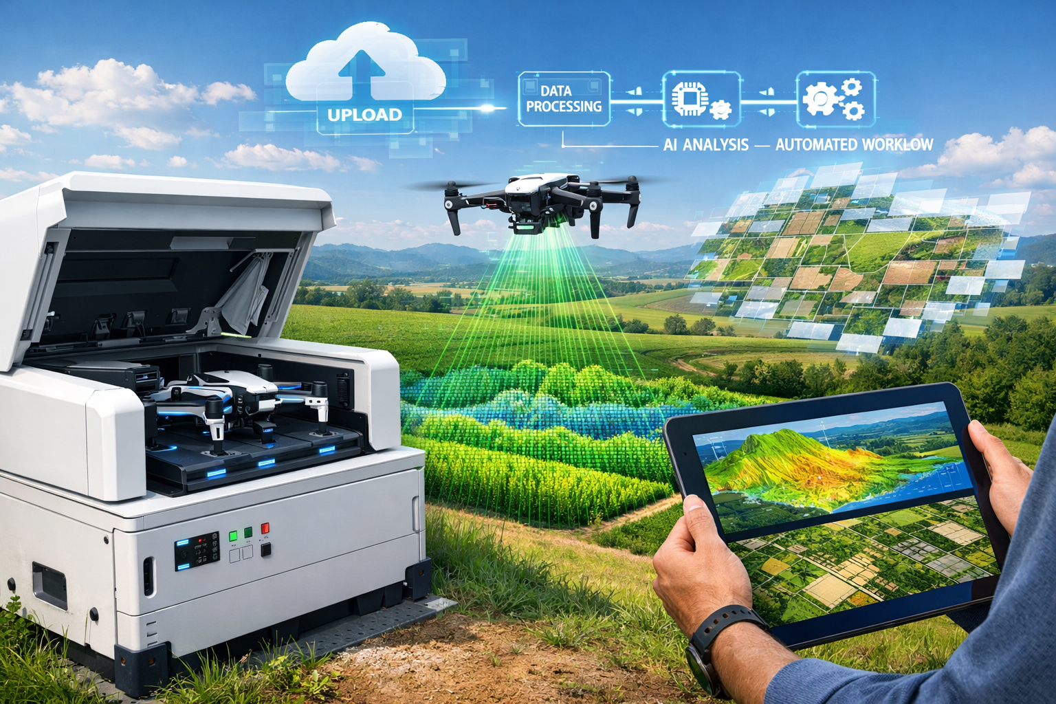 Detailed landscape format (1536x1024) futuristic autonomous drone surveying scene showing drone-in-a-box deployment system on large agricult