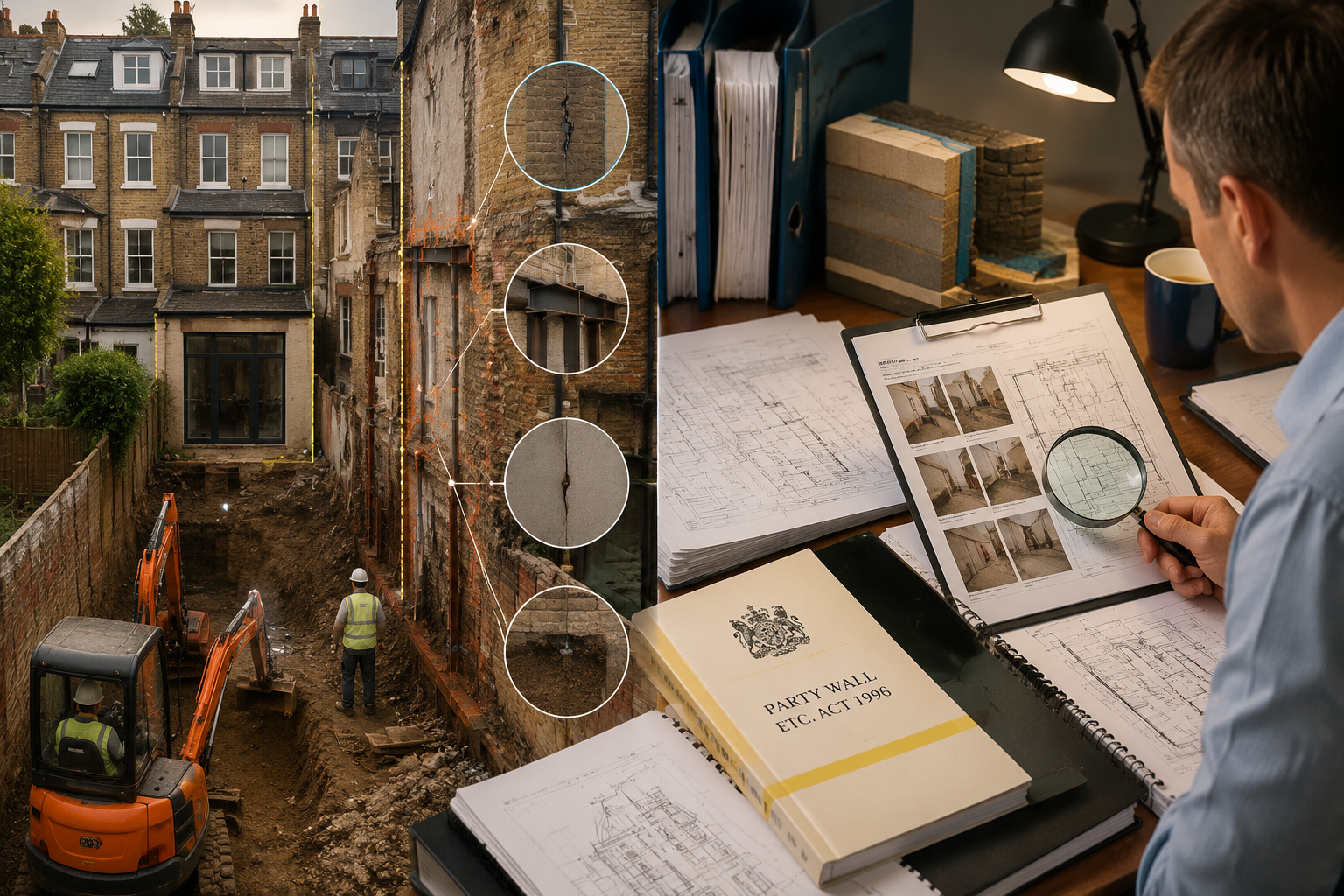 Detailed () editorial illustration showing a split-scene: left side depicts a cramped urban backland garden plot with