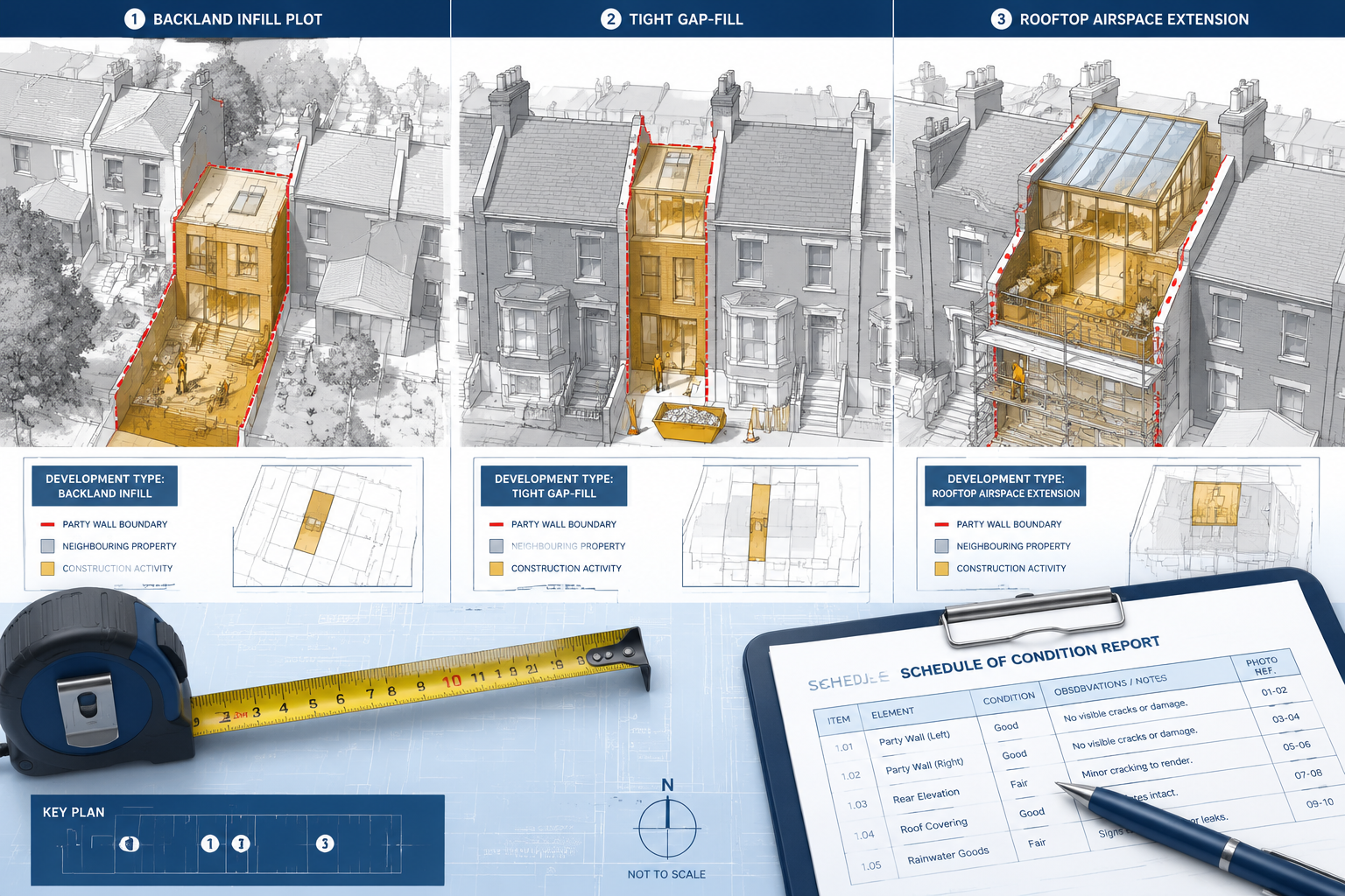 () bird's-eye perspective architectural diagram showing three development types side by side: a backland infill plot, a