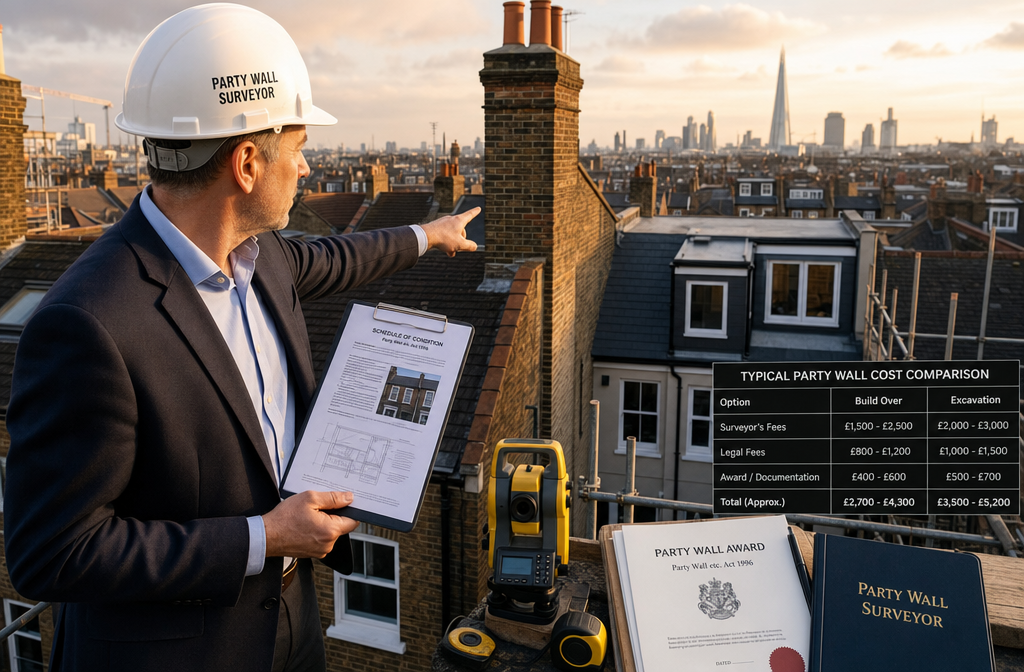 () close-up editorial photograph of a professional party wall surveyor in a hard hat and suit jacket standing on a rooftop