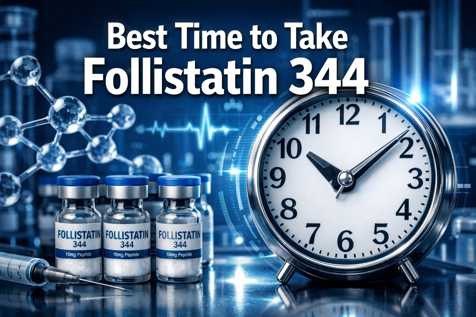 Professional landscape format (1536x1024) hero image featuring bold text overlay 'Best Time to Take Follistatin 344' in extra large 72pt whi