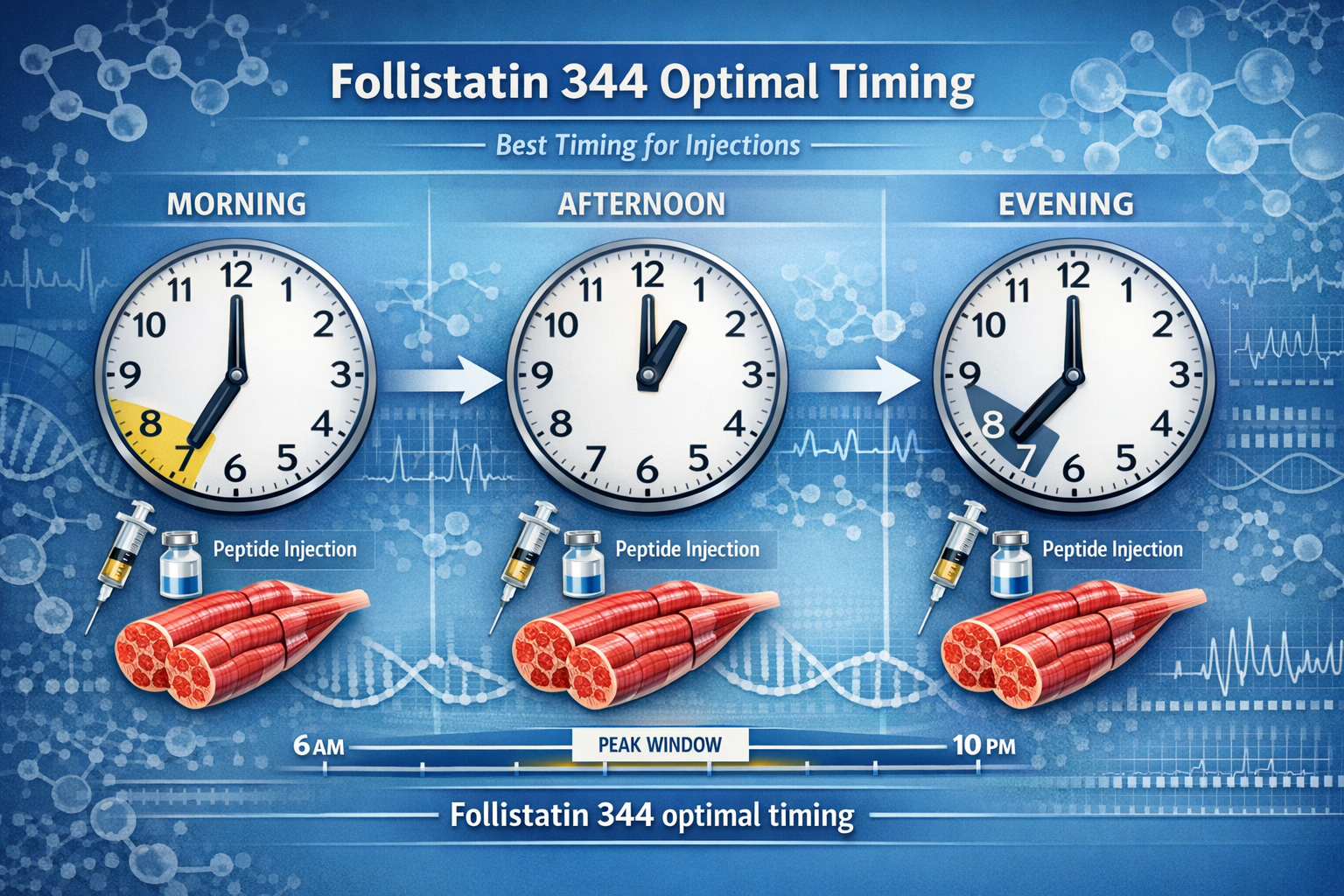 Landscape format (1536x1024) image showing a detailed daily timeline infographic with clock faces at different hours (morning, afternoon, ev