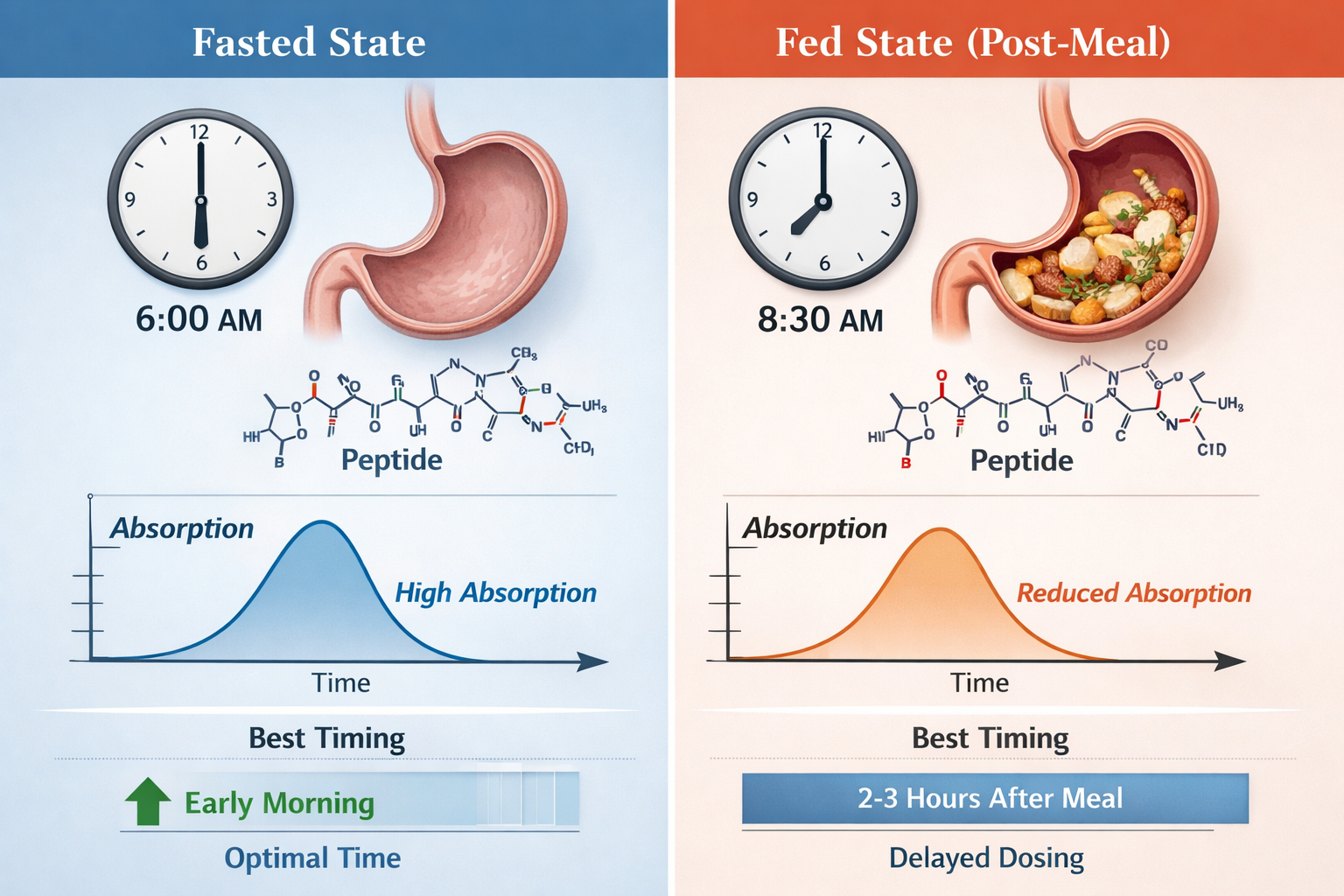 Landscape format (1536x1024) image depicting a split-screen comparison showing 'fasted vs fed state' for peptide administration. Left side s