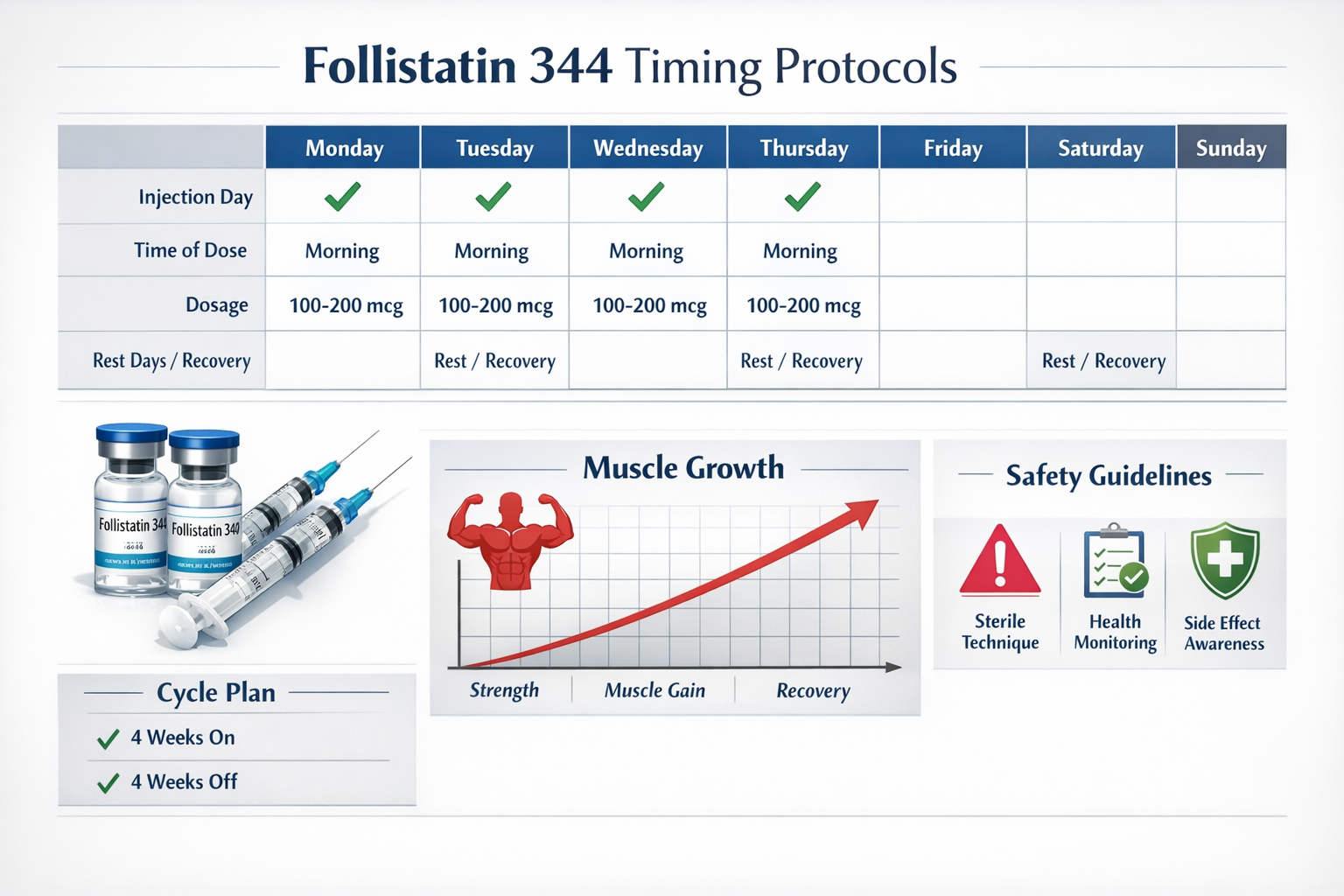 Landscape format (1536x1024) image showing a comprehensive weekly dosing calendar grid with marked injection days, timing recommendations, a