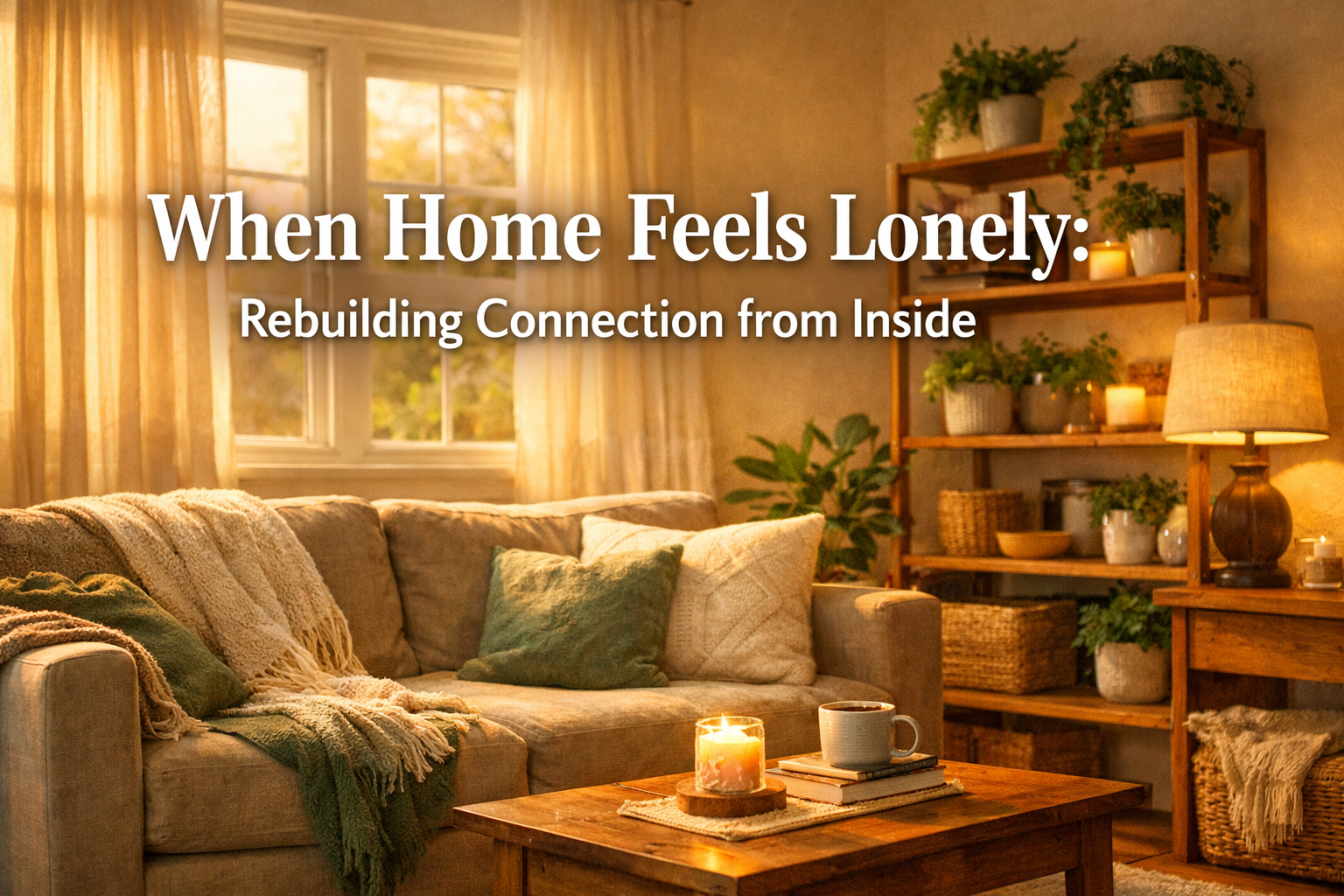 Professional landscape format (1536x1024) hero image featuring bold text overlay 'When Home Feels Lonely: Rebuilding Connection from Inside'