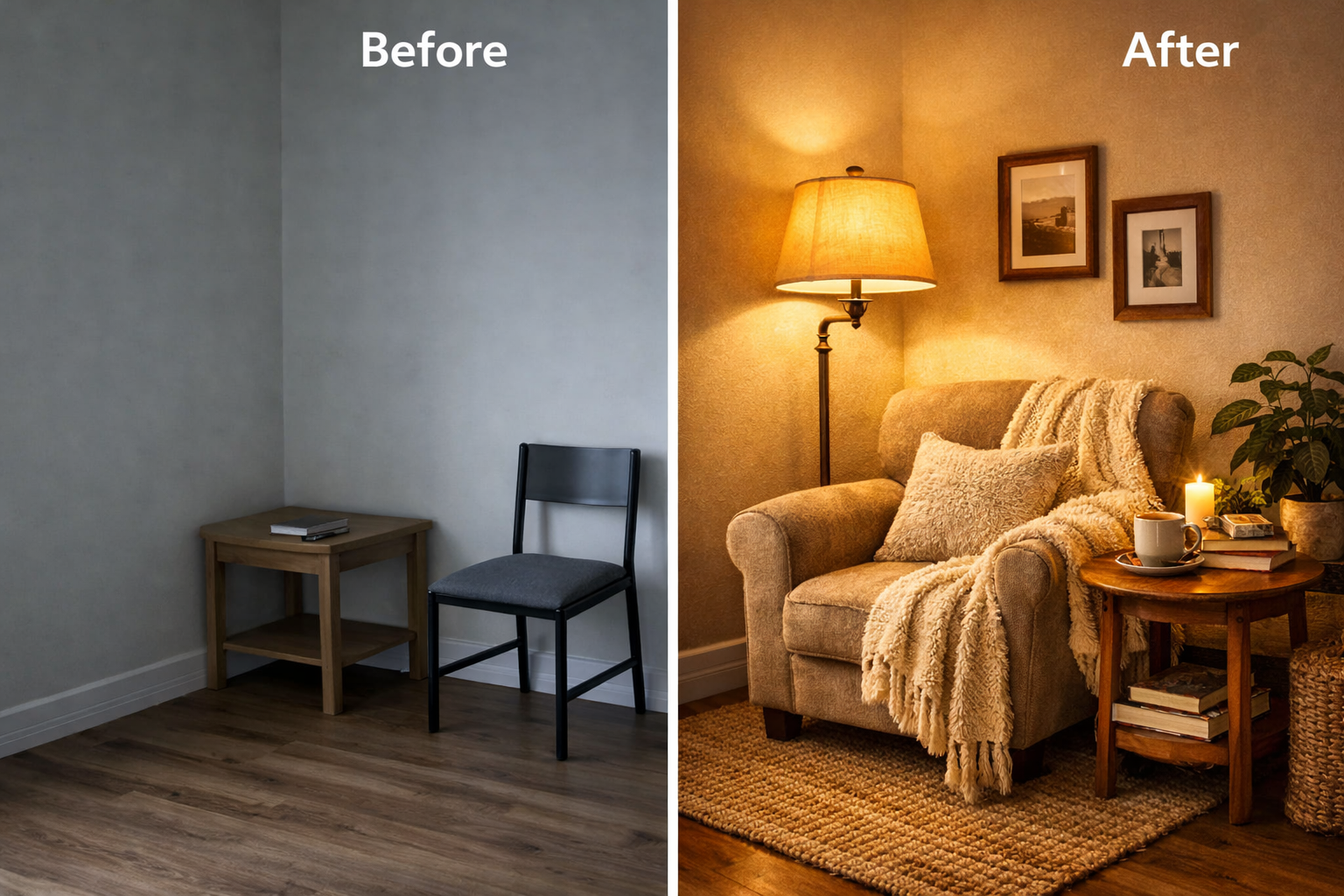 Landscape format (1536x1024) image showing a cozy reading nook transformation with before-and-after split composition. Left side shows spars