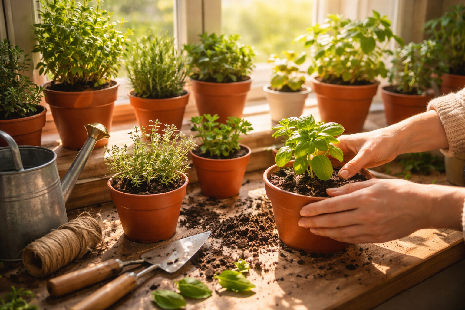 Landscape format (1536x1024) image showing a person's hands arranging a small indoor garden on a sunny windowsill, with various potted plant