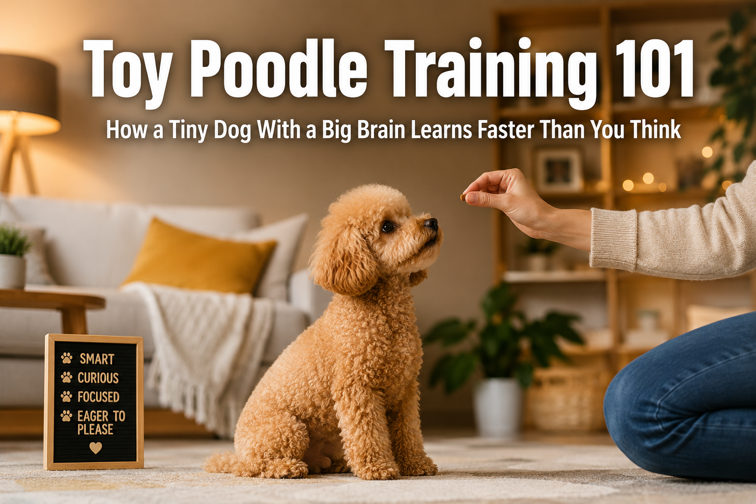 Professional () hero image featuring 'Toy Poodle Training 101' in extra large white with dark , subtitle 'How a Tiny Dog