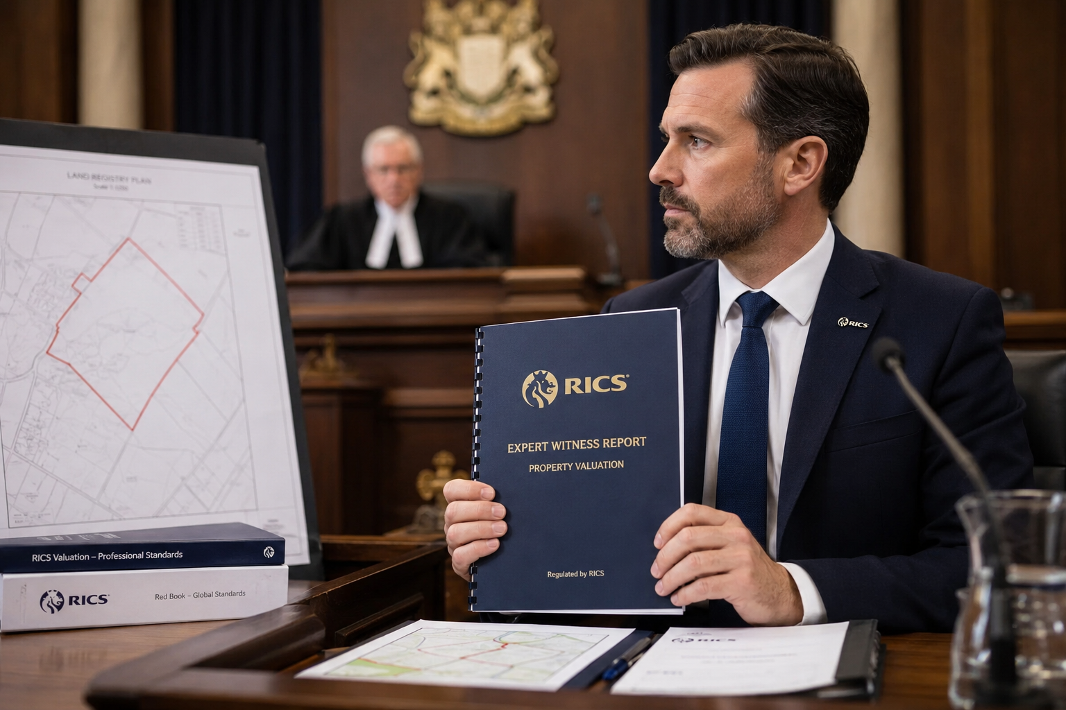 Wide-angle editorial illustration showing a professional RICS-accredited surveyor in formal attire seated at a courtroom