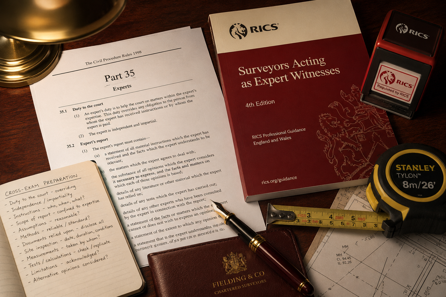Close-up editorial flat-lay photograph on a mahogany desk showing layered documents: CPR Part 35 court rules printed on