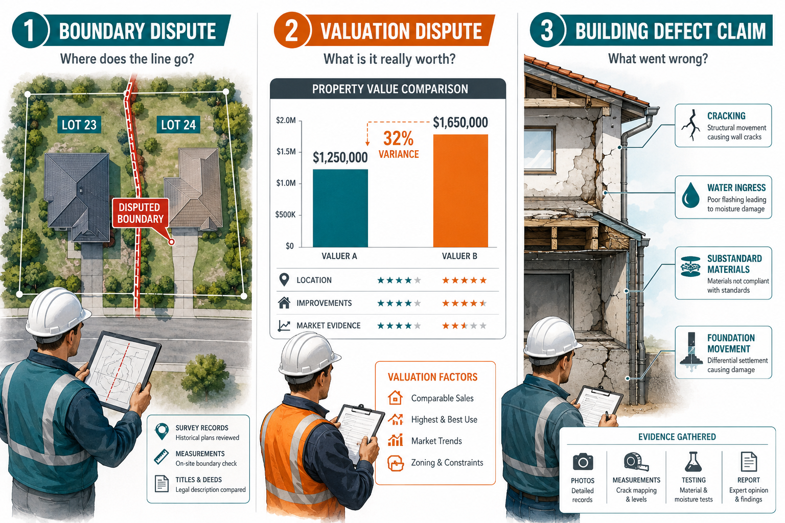 Dynamic split-panel editorial infographic illustration showing three property dispute scenarios side by side: left panel