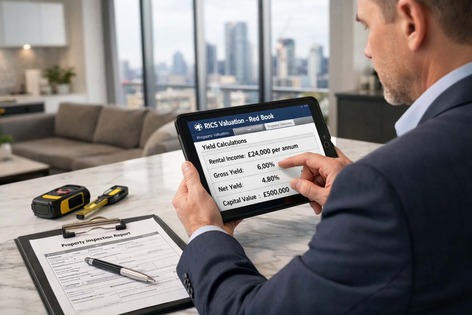 Detailed () image showing professional chartered surveyor conducting property valuation inspection inside modern buy-to-let