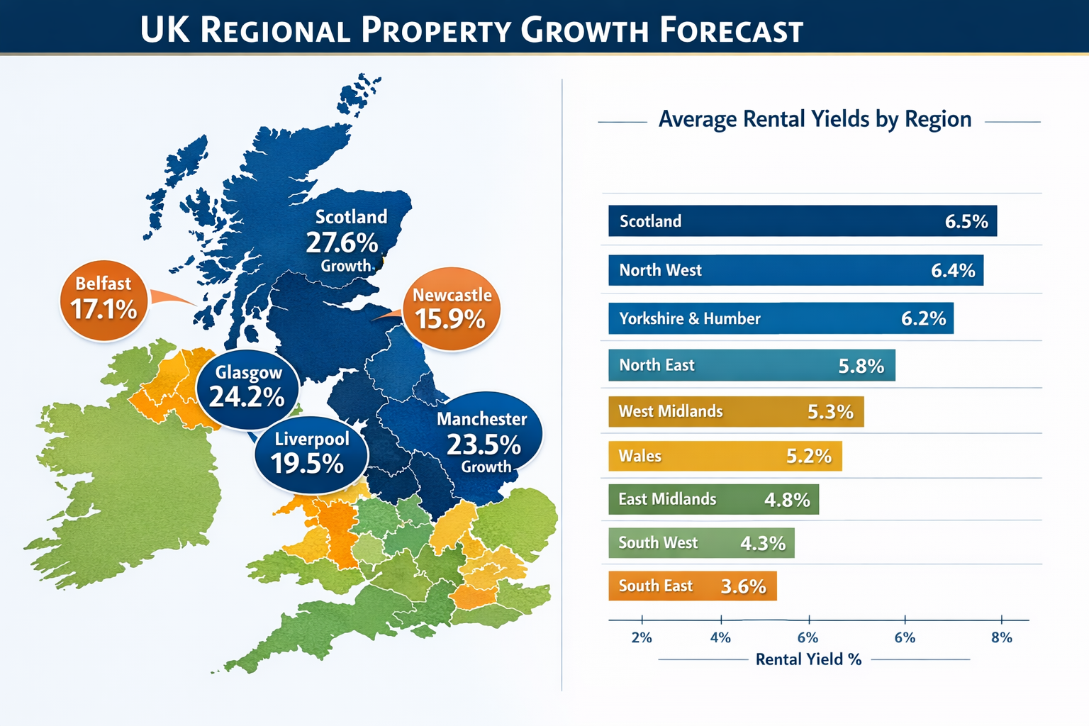 Comprehensive () infographic visualization displaying UK regional property growth map with color-coded heat zones showing