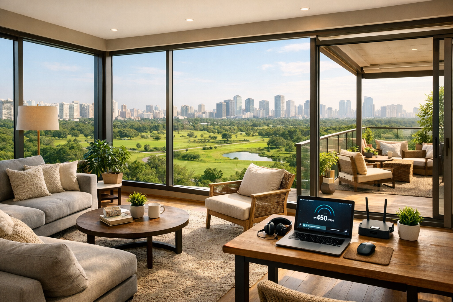 A beautifully composed () image showcasing a cozy, contemporary Airbnb living space with large windows offering panoramic