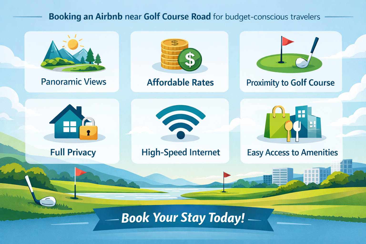 An infographic-style () image highlighting key features and benefits of booking an Airbnb near Golf Course Road for