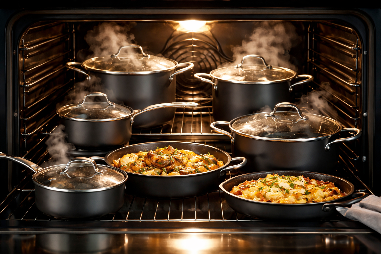 oven-safe cookware set inside 500-degree oven with steam rising