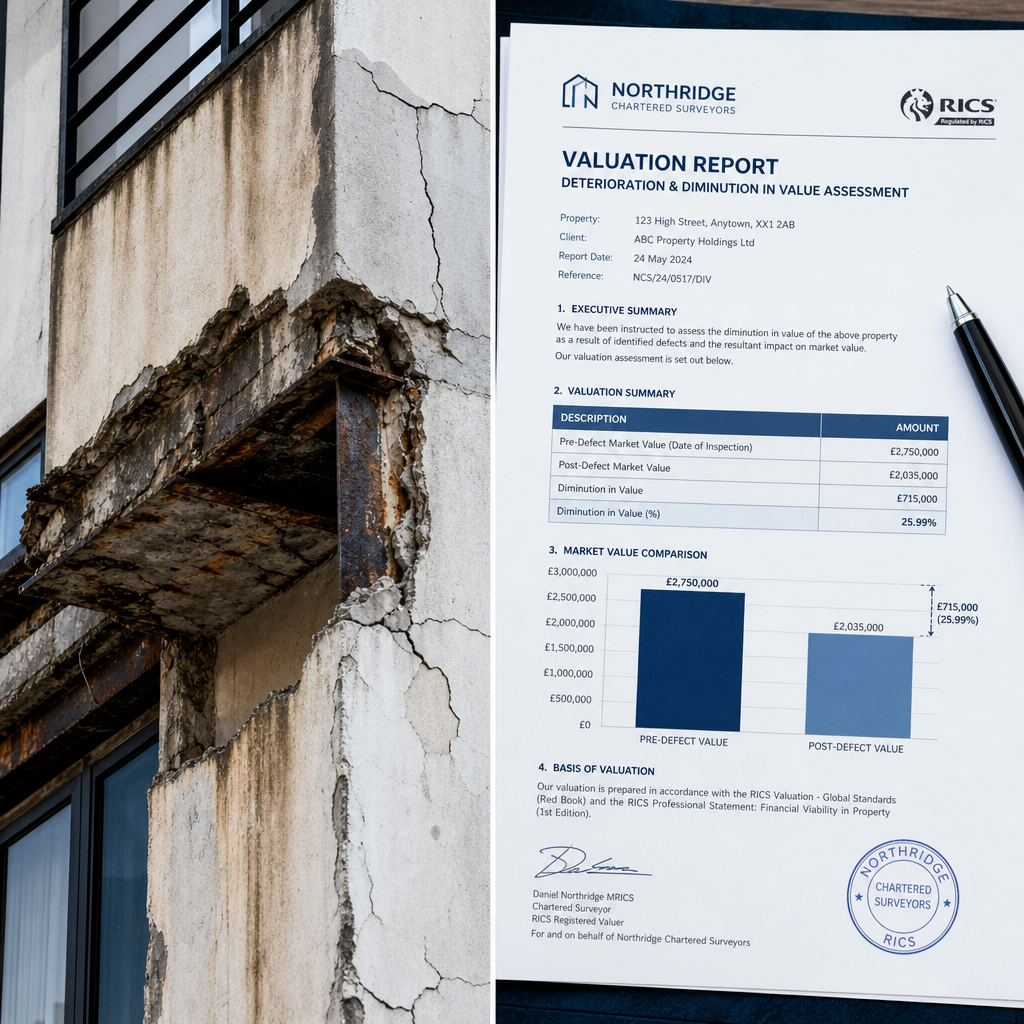 Close-up editorial composite image showing a side-by-side comparison: on the left, a deteriorating building facade with