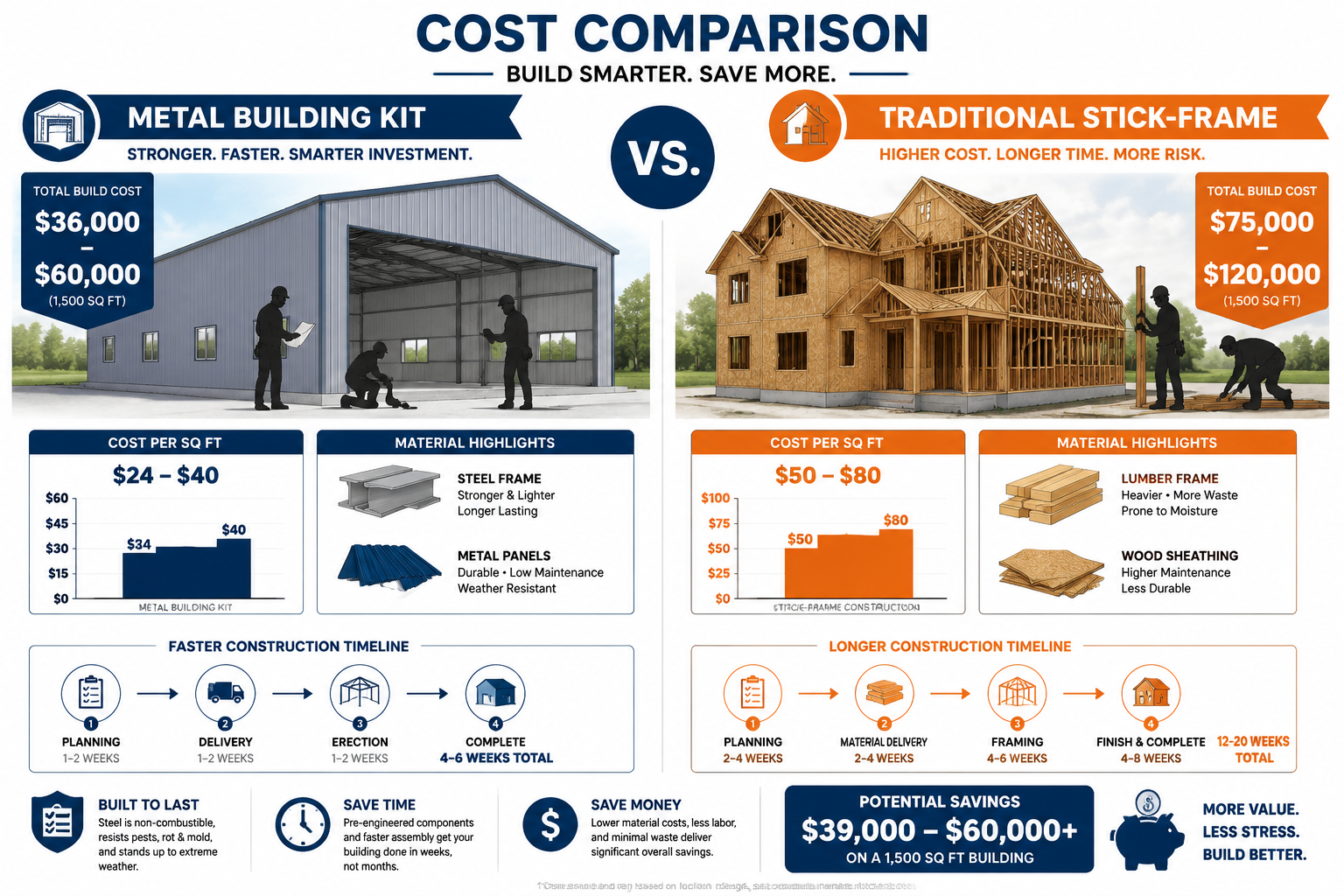 Detailed () side-by-side cost comparison infographic illustration showing a metal building kit on the left with price tags