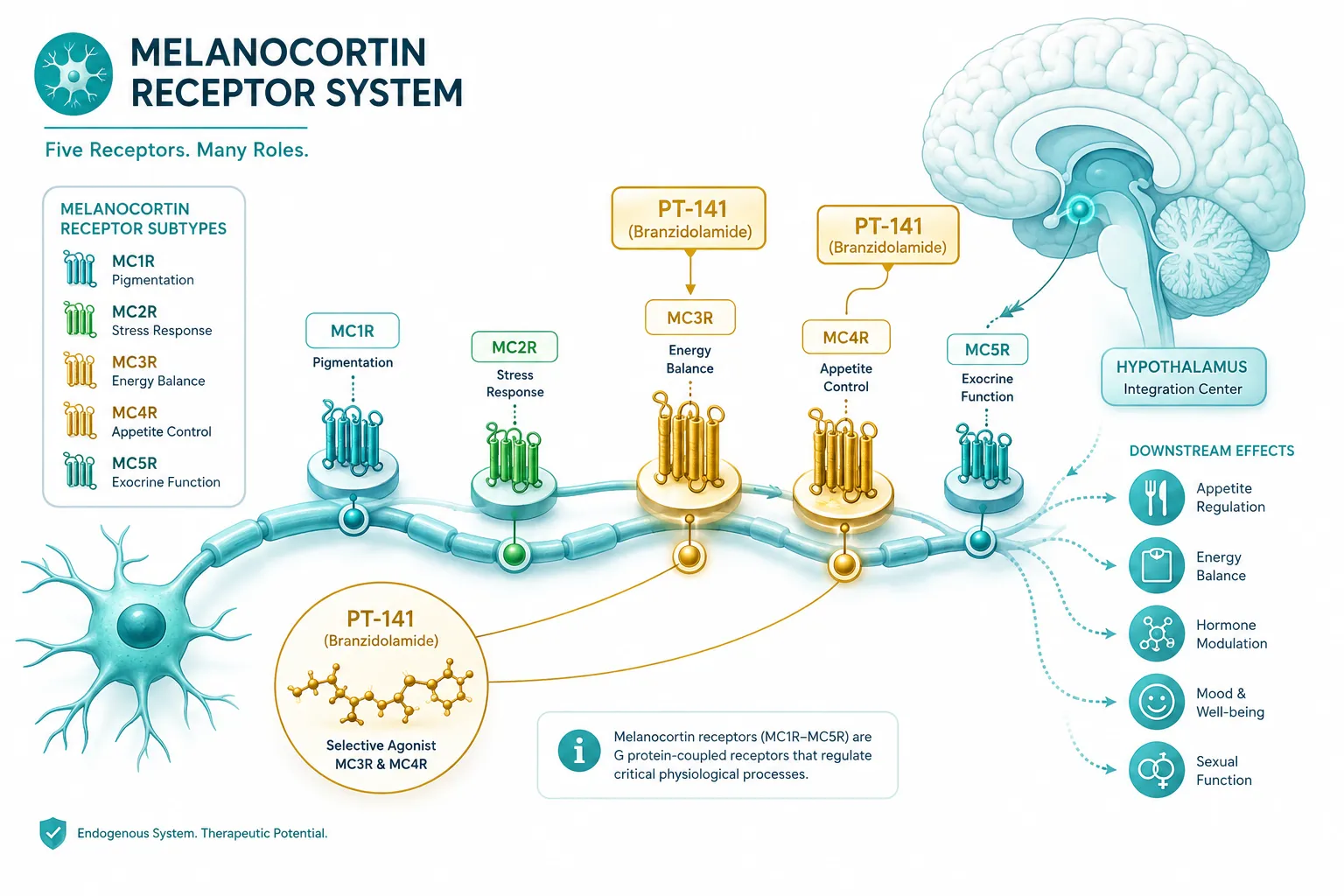 Isometric scientific illustration in bright teal and white palette, (): a detailed cross-section diagram of the melanocortin
