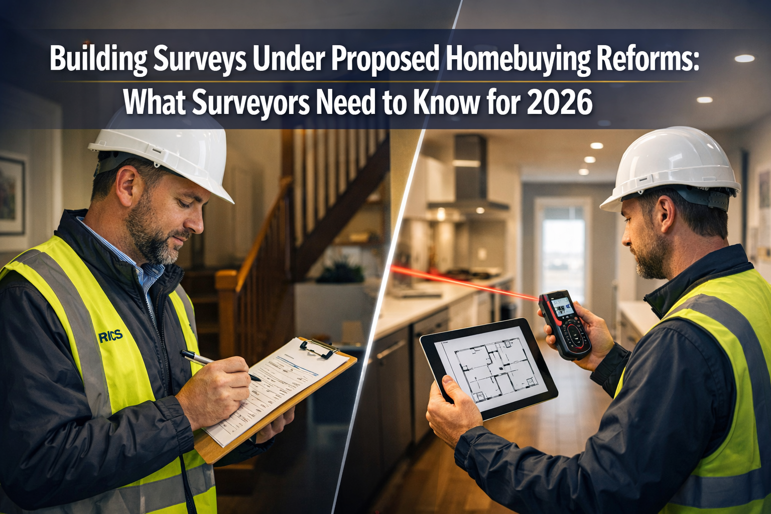 Professional landscape format (1536x1024) hero image featuring bold text overlay 'Building Surveys Under Proposed Homebuying Reforms: What S