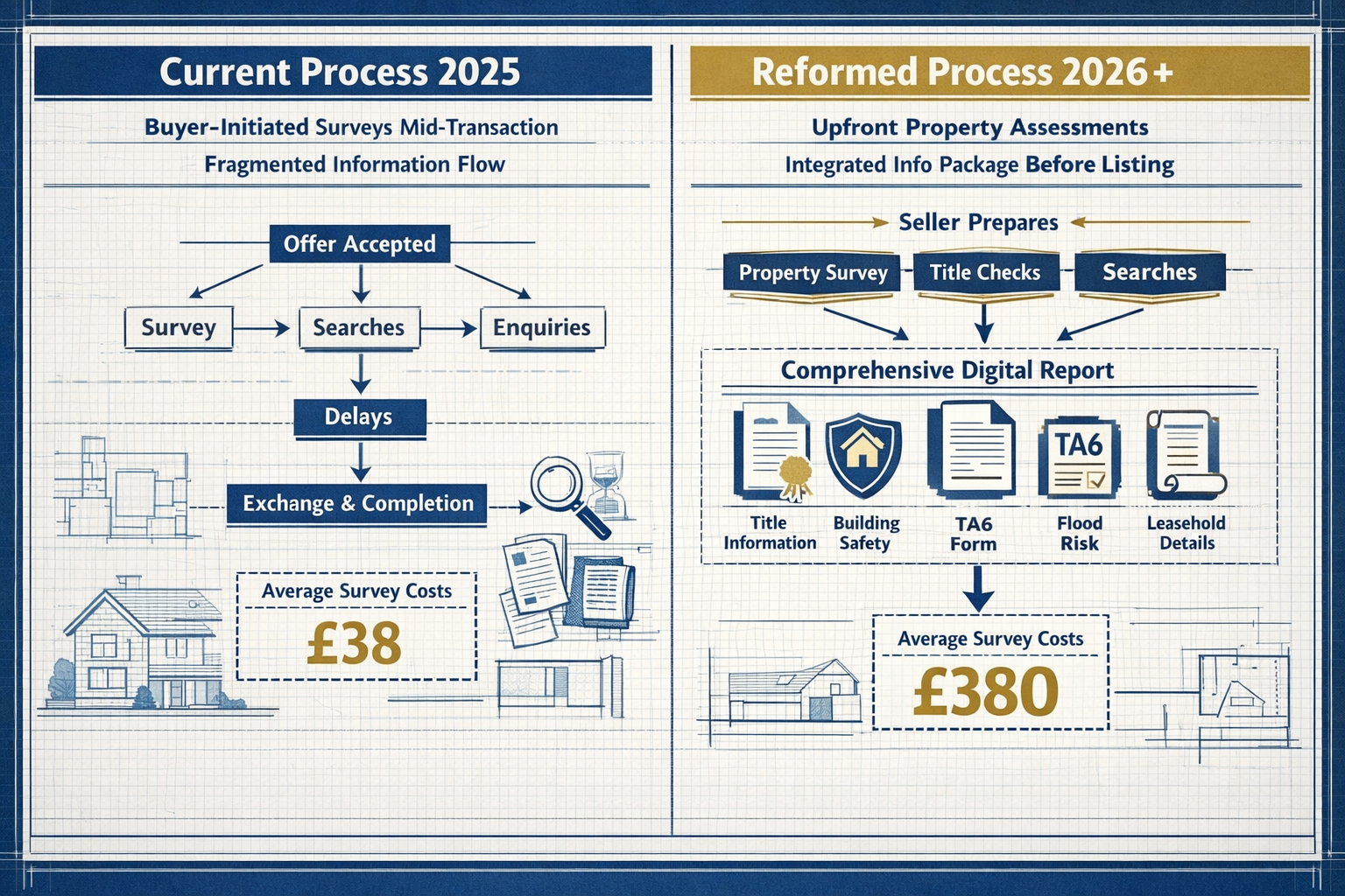 Comprehensive landscape format (1536x1024) detailed illustration showing side-by-side comparison of current homebuying process versus propos
