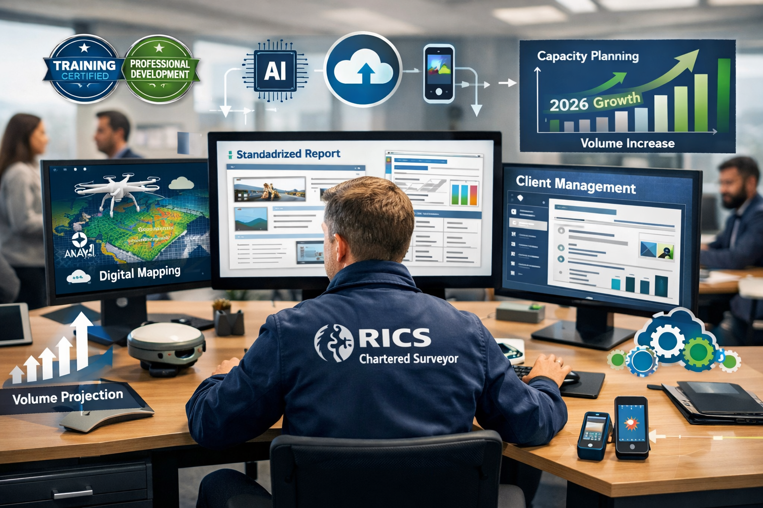 Dynamic landscape format (1536x1024) conceptual image depicting modern surveyor preparation for 2026 reforms showing professional developmen