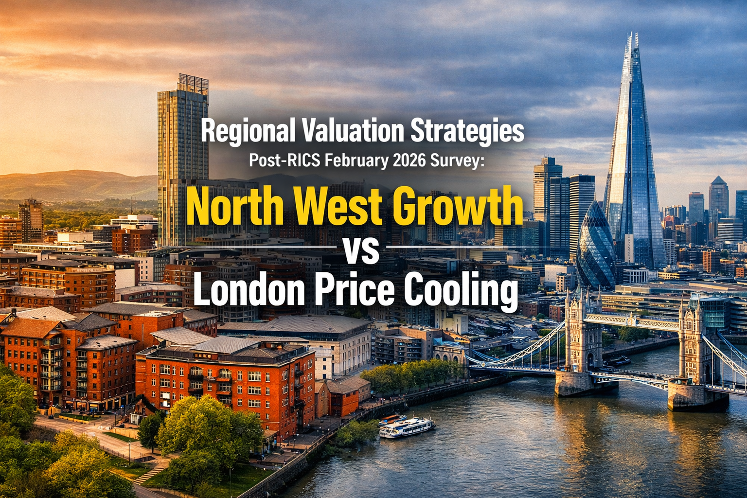 Professional landscape hero image () with : "Regional Valuation Strategies Post-RICS February 2026 Survey: North West Growth