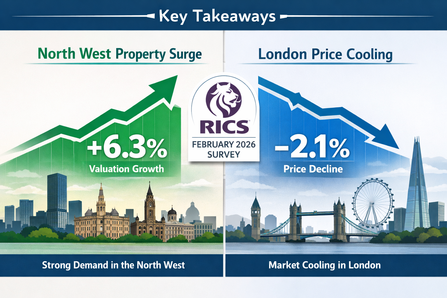 Key Takeaways infographic with split-screen visual comparing North West property valuation growth vs London price cooling,