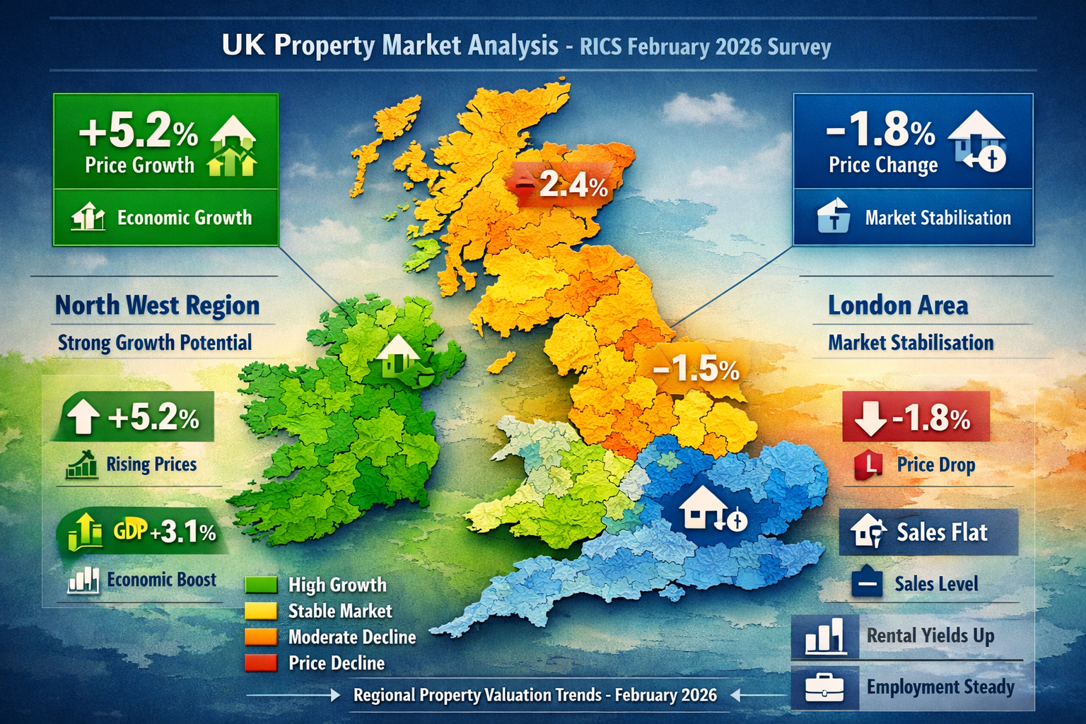 Detailed geographical heat map of UK highlighting regional property valuation variations from RICS February 2026 Survey.