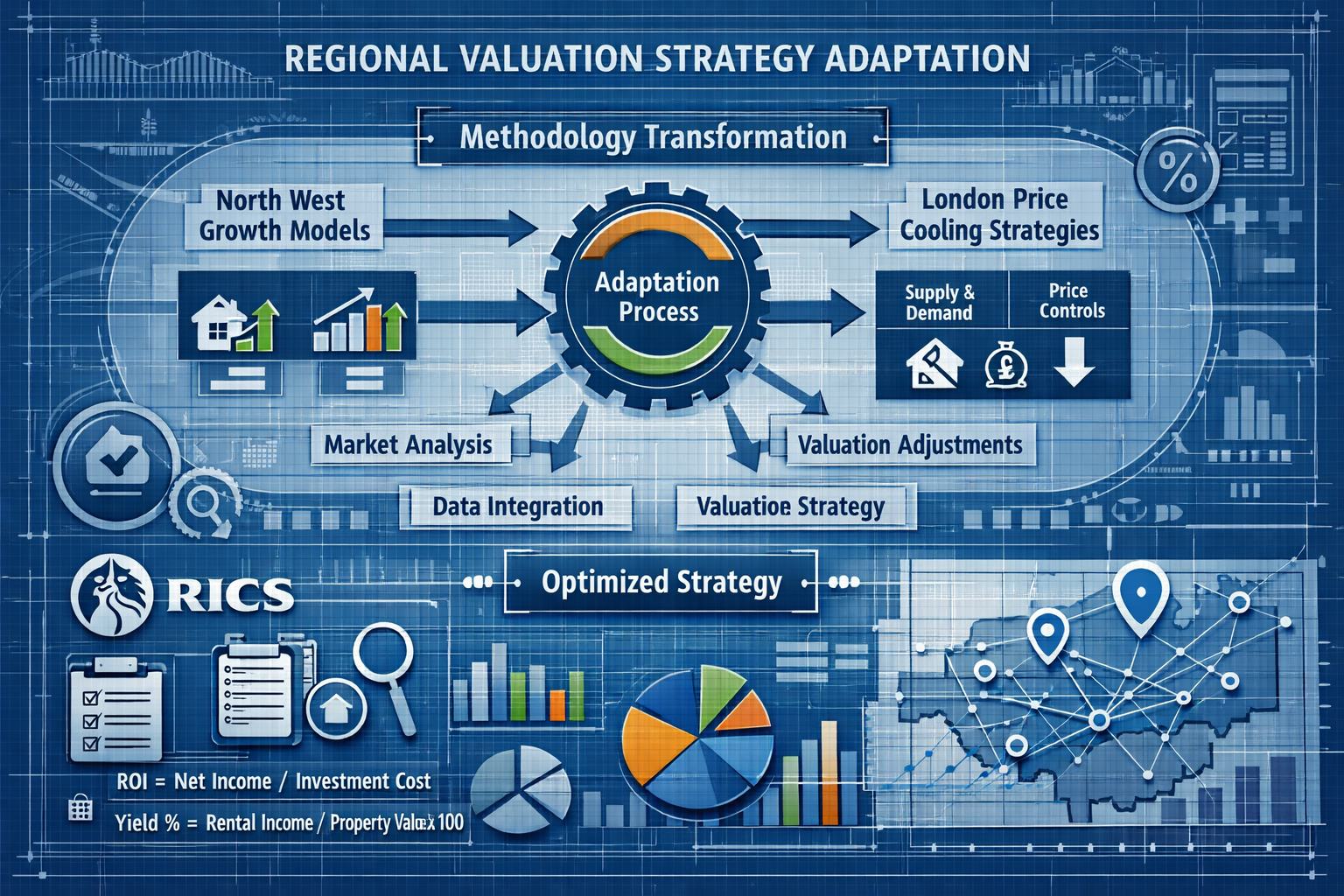 Technical visualization of regional valuation strategy adaptation, featuring architectural blueprint-style background with
