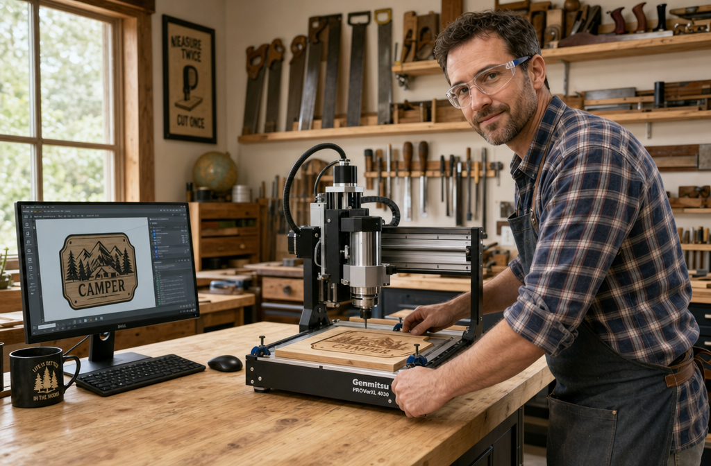 Detailed () image illustrating a hobbyist woodworker confidently setting up an entry-level desktop CNC router in a