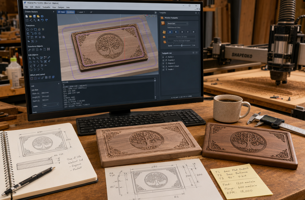 Detailed () image focusing on the digital workflow of CNC routing for woodworkers. The foreground features a close-up of a