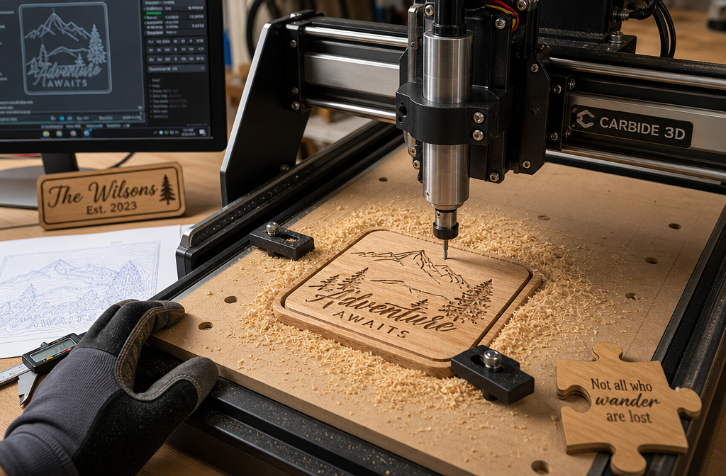 Detailed () image depicting the exciting moment of a first successful CNC cut on a small woodworking project. A desktop CNC