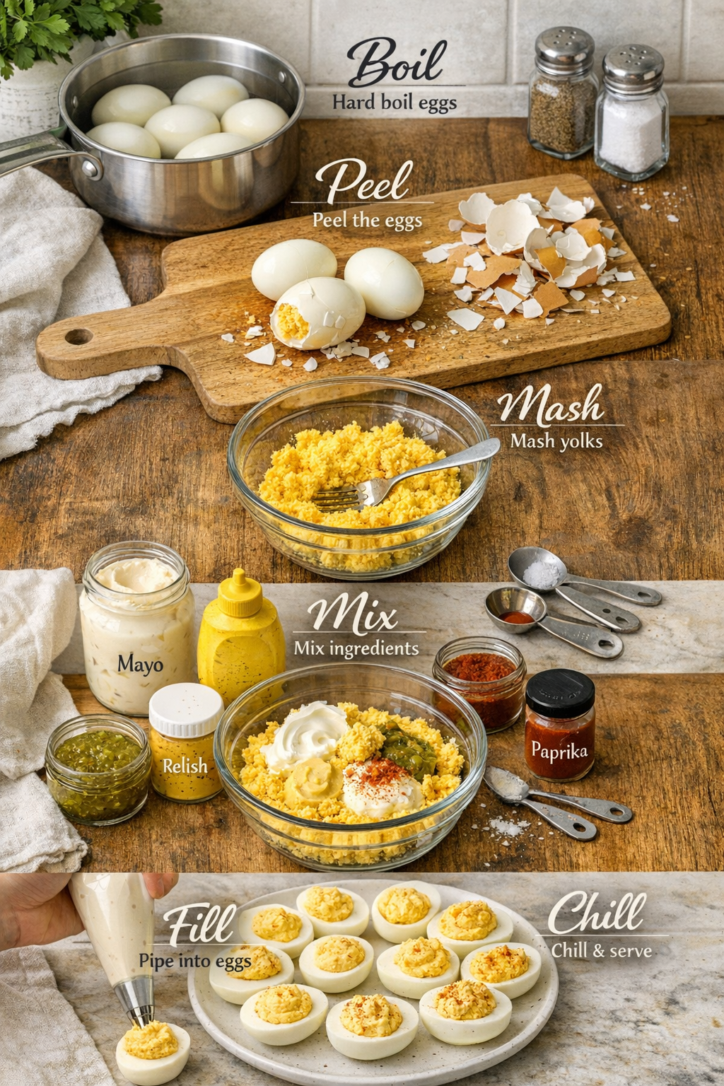 Photorealistic, high-resolution photography, Portrait Pinterest-style instructional image, , step-by-step southern deviled