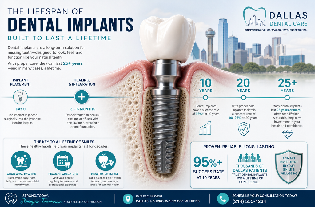 Detailed () image featuring a visual timeline or infographic showcasing the typical lifespan of dental implants, starting