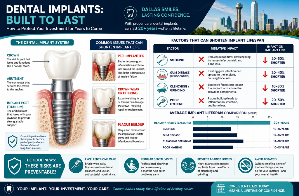 () infographic clearly illustrating the various components of a dental implant system (implant post, abutment, crown) and