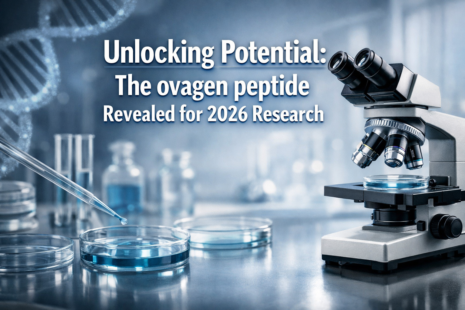 Professional landscape hero image (1536x1024) with bold text overlay: 'Unlocking Potential: The ovagen peptide Revealed for 2026 Research', 