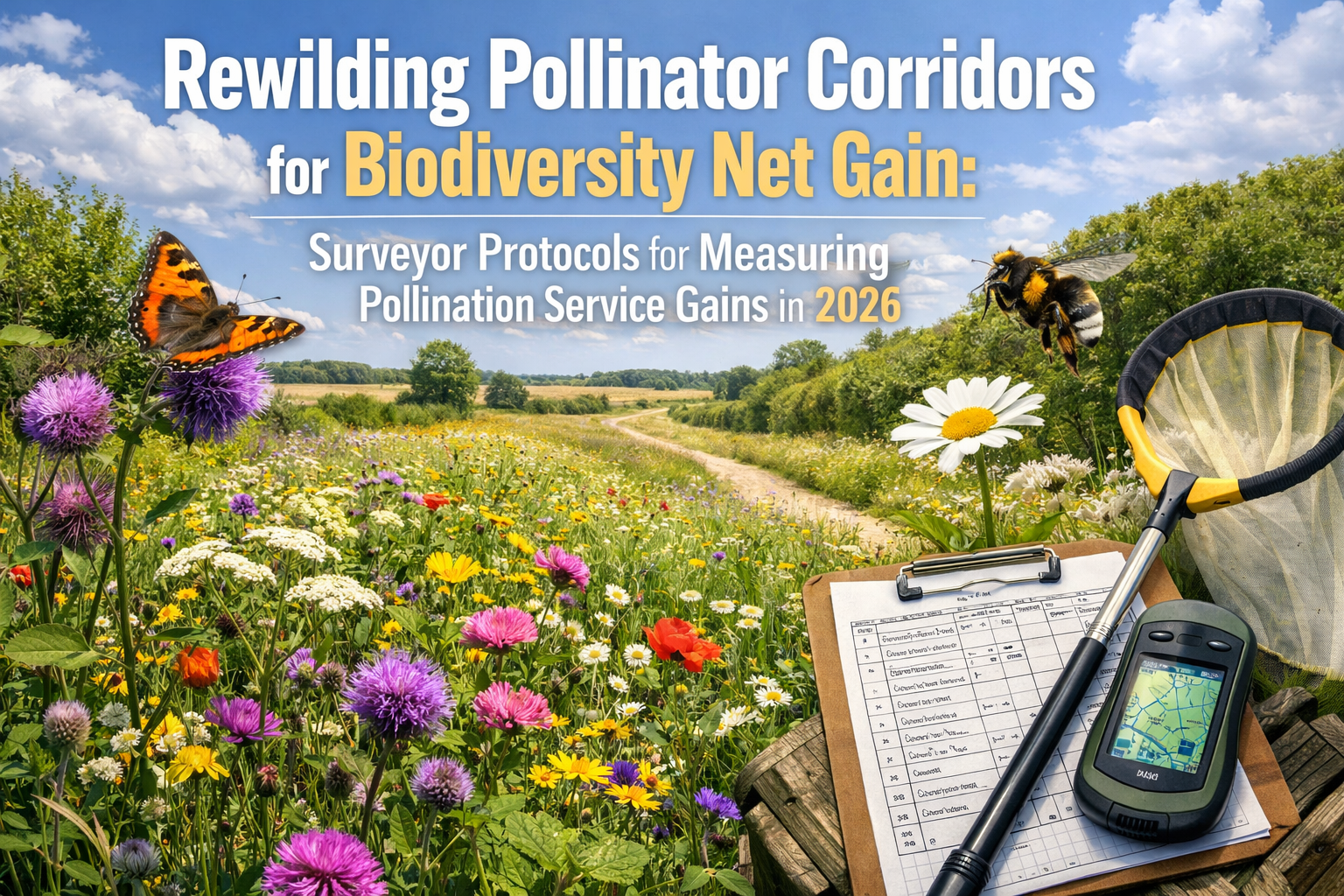 Professional landscape hero image () with : "Rewilding Pollinator Corridors for Biodiversity Net Gain: Surveyor Protocols
