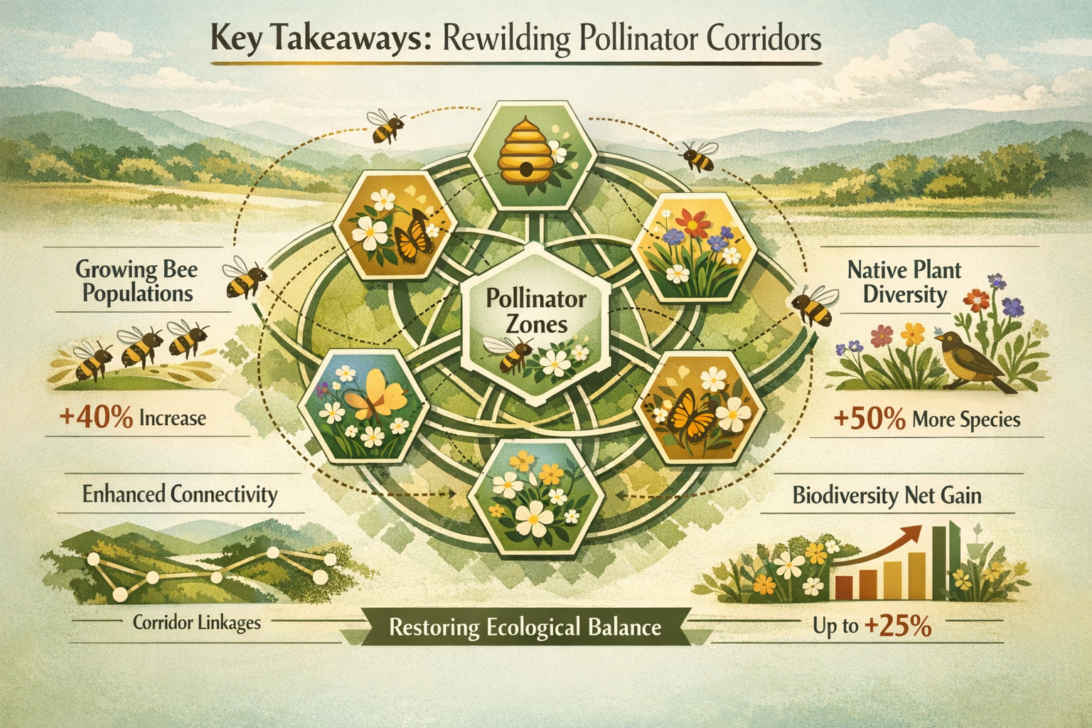 Landscape editorial infographic visualizing 'Key Takeaways' for Rewilding Pollinator Corridors, featuring a dynamic