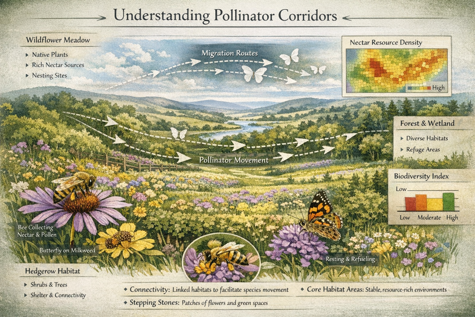Detailed scientific illustration exploring 'Understanding Pollinator Corridors', depicting a cross-sectional landscape view