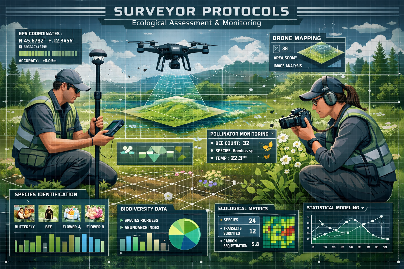 Technical survey methodology visualization for 'Surveyor Protocols', featuring a precise grid-based field research